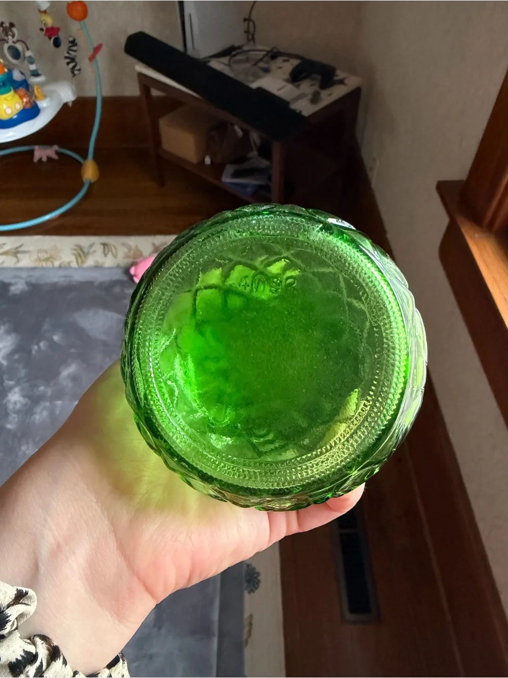 Green Diamond-Pattern Glass Bud Vase